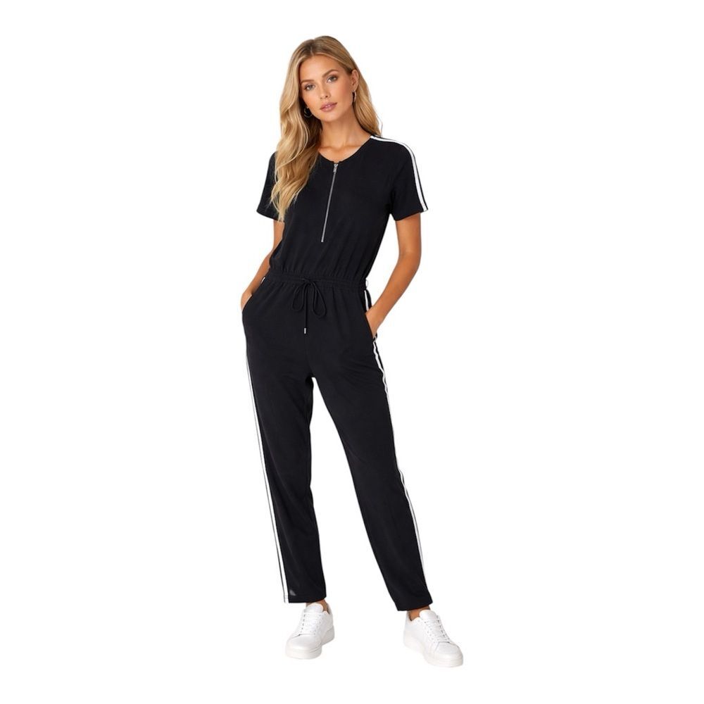 Vince Contrast Trim Short Sleeve Jumpsuit Zip Front Drawstring Black Size 8